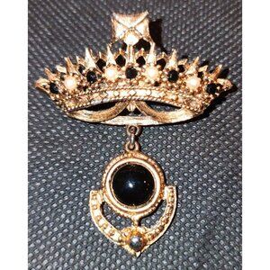 Vintage Gold Crown Brooch With Black Rhinestones